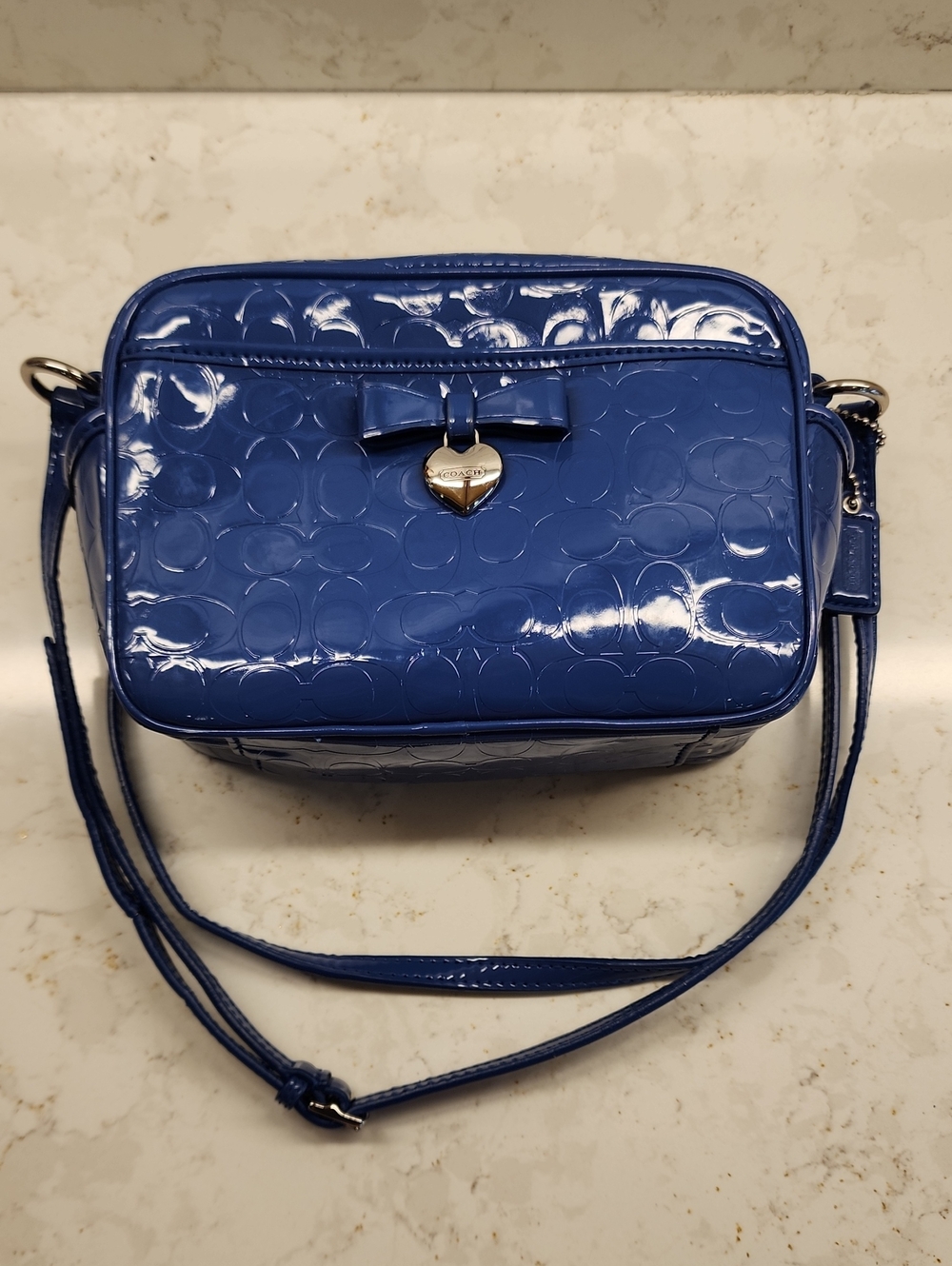 Coach Blue Patent Leather Crossbody with Bow and Heart Charm